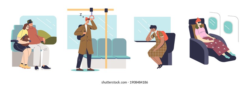 People sleeping in public transport: during flight in plane, in train or subway carriage. Set of cartoons dreaming while traveling. Flat vector illustration