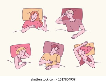 People sleeping and relaxed faces  flat design style minimal vector illustration 