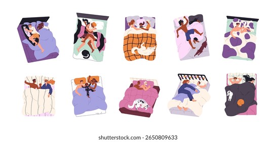 Pessoas dormindo. Família adormecida e abraço de bebê, deitado sob o cobertor no travesseiro. Diversos homens e mulheres cochilam, dormem, descansam na cama à noite. Ilustrações de vetor isoladas planas sobre fundo branco
