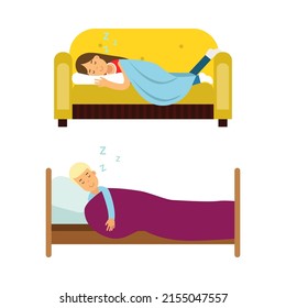 People sleeping set. Girl and boy lying under blanket asleep at night cartoon vector illustration