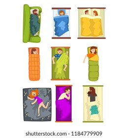 People sleeping set, man and woman sleeping in different positions on beds, sofas, sleeping bags, view from above vector Illustration on a white background