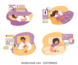 People sleeping with sleep tracker wristwatches, flat vector illustration isolated on white background. Set of characters asleep with smart watches. Concept of healthy sleep.