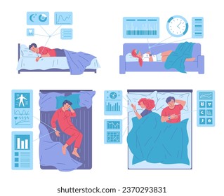 People sleeping with smart watch tracking quality of sleep, flat vector illustration isolated on white background. Set of men and women in bed with charts and graphics of their sleep. .