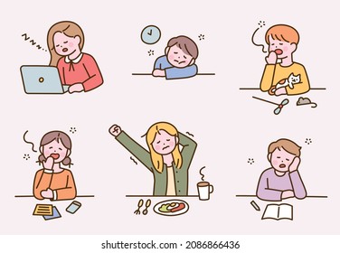 People with sleepy expressions in various situations. flat design style vector illustration.