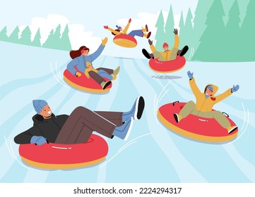 People Sliding Down Slope by Snow Tube at Winter Holiday. Men and Women Riding Downhill On Inflatable Donut Sleigh. Active Characters On Snowy Hills Outdoor Wintertime Fun. Cartoon Vector Illustration