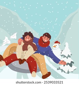 People Sliding Down Slope by Snow Tube at Winter Holiday. Men and Women Riding Downhill On Inflatable Donut Sleigh. Active Characters On Snowy Hills Outdoor Wintertime Fun. Vector Illustration
