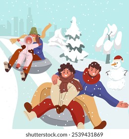 People Sliding Down Slope by Snow Tube at Winter Holiday. Men and Women Riding Downhill On Inflatable Donut Sleigh. Active Characters On Snowy Hills Outdoor Wintertime Fun. Vector Illustration