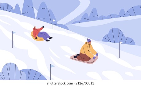 People sliding down slope on sleds and snow tubing on winter holidays. Men riding downhill on toboggan, sleigh. Active characters on snowy hills. Outdoor wintertime fun. Flat vector illustration