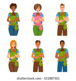 People With Slings For Babies. Woman And Man Are Tied By Scarf Fabric For Carrying A Child. Baby Carry Bag, Baby Carrier On Parents Vector Isolated Illustration Set. Mother And Father Holding Child.