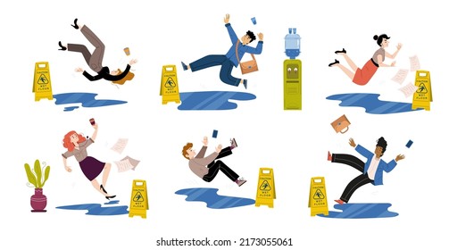 People Slip And Fall Down On Wet Floor In Office With Caution Sign, Cooler And Water Puddles. Vector Flat Illustration Of Characters Slide On Water Or Slippery Floor, Falling And Drop Cups And Phones