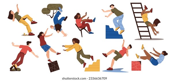 People slipping and falling. Cartoon characters stumble and fall down, accident risk warning and caution sign. Vector isolated set of character fall accident illustration