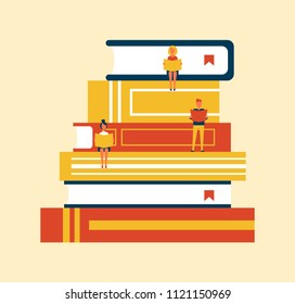 People small in size reading newspapers and sitting on big books having bookmarks in it, hardcover publications set isolated on vector illustration