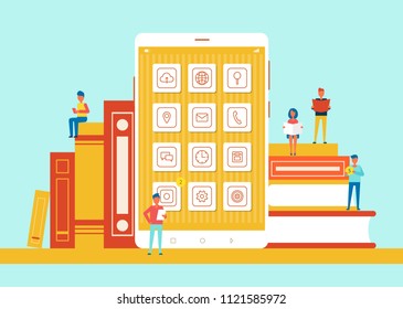 People small in size sitting on books, phone screen with icons in centerpiece, modern sources versus old-fashioned resources, vector illustration