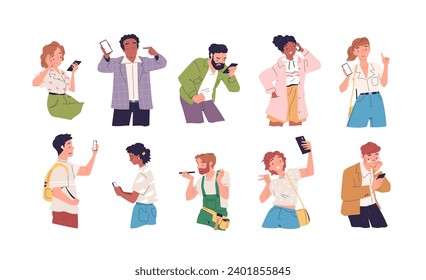 People smartphone emotions. Excited person writing on smartphone, characters phone sad happy expression, guy girl looking cellphone mobile tech reaction, classy vector illustration