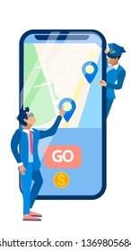 People and Smartphone Flat Vector Illustration. Chauffeur, Cab Driver and Client Cartoon Characters. City Map, Location Marks, Go Button on Phone Screen. Urban Taxi Mobile Application