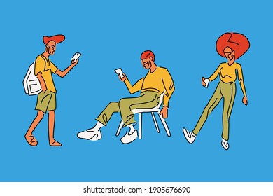 People with smartphone. The group men and women holding smartphones and chatting, selfie, use GPS. A man sitting on a chair. Free time activities. Flat cartoon style. Vector illustration