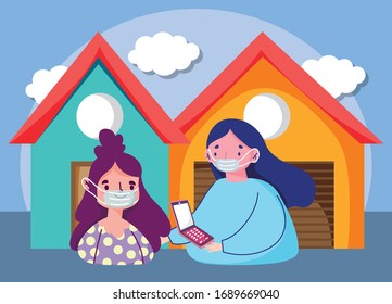people with smartphone in house using online shopping ecommerce.  vector illustration. COVID 19 coronavirus concept.