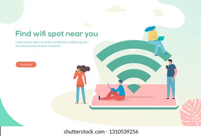 people with smartphone and laptop 
searching on browser and social media networking
people access wifi in cafe and public area 
can use for, landing page, template, ui, web, mobile app, poster, banner