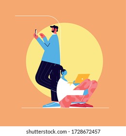 people with smartphone and laptop, social media vector illustration design