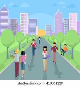 People With Smartphone On Street. Smartphone And Street, Urban City People, Technology Phone Mobile, Young Person With Cellphone, Internet Using People, Social Fashion Communication Illustration