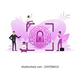 People smartphone with scanning fingerprint. Flat card on light backdrop