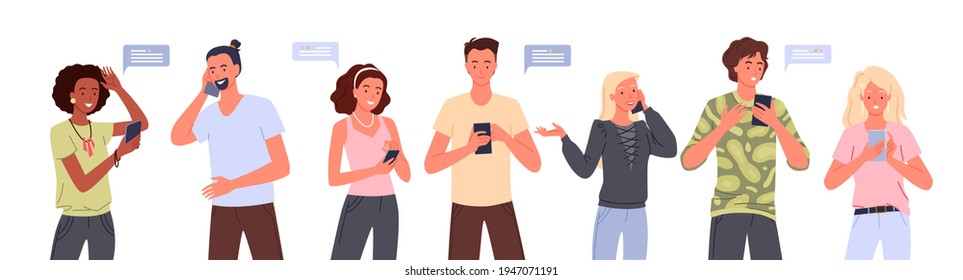 People with smartphone set, young man woman holding phone for communication, talking