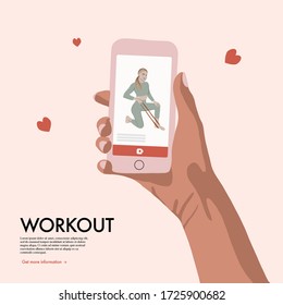 People with smartphone training, home workout flat vector illustration. Women online sport exercise , cardio, yoga class cartoon character art. Social distansing lifestyle , Isolation active life. 

