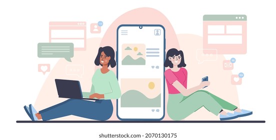 People with smartphone. Two girls communicate through mobile phone. Concept of Internet, addiction to gadgets, modern technologies. Social networks, chatting. Cartoon flat vector illustration