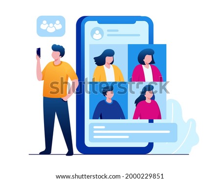 People with smartphone. Virtual meetup with video call technology. Teleconference flat vector illustration fit for banner, flyer and landing page