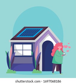 people and smartphone, young woman using mobile love chat vector illustration