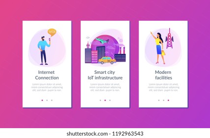 People with smartphones around modern facilities connected to global web network with wi-fi signs. Internet of things, IoT infrastructure and smart city concept. UI UX GUI app interface template.