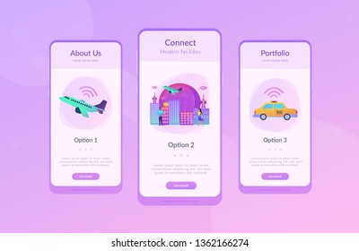 People with smartphones around modern facilities connected to global web network with wi-fi signs. Internet of things, IoT infrastructure and smart city concept. UI UX GUI app interface template.