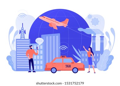 People with smartphones around modern facilities connected to global web network with wi-fi signs. Internet of things, IoT infrastructure and smart city concept. Vector illustration on background.