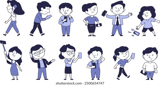 People with smartphones communicate, write messages, take selfies. Men and women use gadgets.