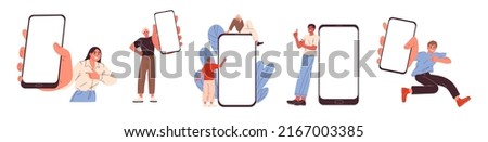 People with smartphones, empty screen advertisement mobile phone, mobile app.