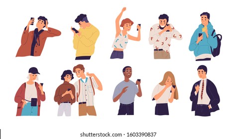 People with smartphones flat vector illustrations set. Different emotions, reaction to information concept. Men and women with mobile phones cartoon characters isolated on white background.