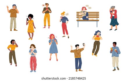 People with smartphones, gadget communication. Men and women with phones use mobile services call, send messages, navigation, chatting, texting, reading news, listen music, Line art flat vector set