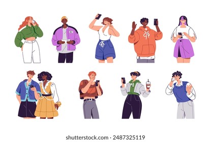 People with smartphones in hands set. Young men and women takes photos with phone, communicate by telephone call. Characters with different emotions. Flat isolated vector illustrations on white