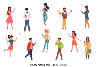 People with smartphones. Men and women talking on phone, checking social media texting. Catch wifi signal taking selfie cartoon characters using mobile technology vector