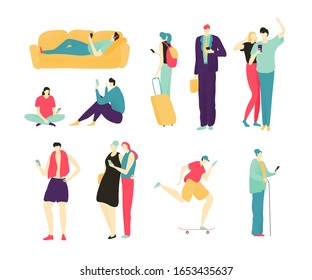 People with smartphones, men and women using mobile phone, cartoon characters isolated on white, vector illustration. Businessman, traveler, friends and couple holding cellphone. People check message