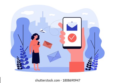 People with smartphones sending and receiving messages. Email, messenger, mobile phone flat vector illustration. Communication, internet concept for banner, website design or landing web page