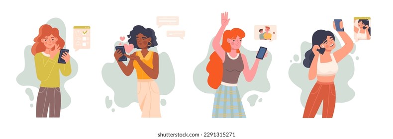 People with smartphones set. Collection of girls with phone. Communication on Internet and social networks. Chatting and discussion. Cartoon flat vector illustrations isolated on white background