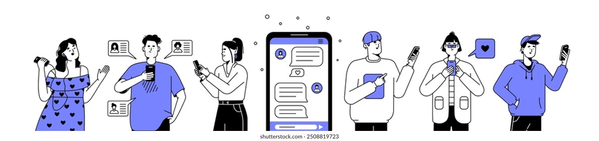 Personas con smartphones. Hombres y mujeres enviando mensajes de texto en las redes sociales con teléfonos móviles. Los personajes se comunican usando celulares, teléfonos. Ilustraciones vectoriales de contorno aisladas planas en blanco