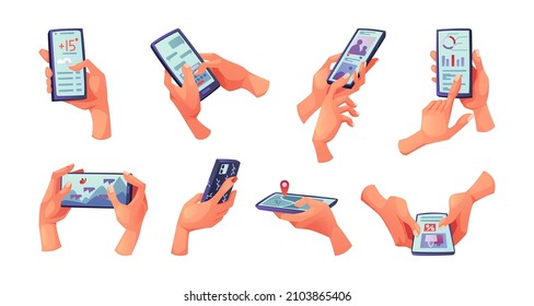 People with smartphones using mobile applications flat cartoon set. Vector arms hold phones with shopping, navigation, weather and chat, social media and finance apps, playing games on digital device