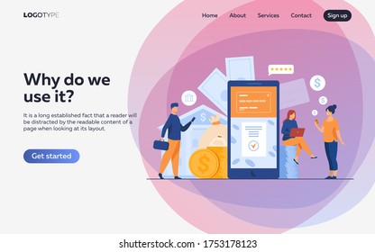 People with smartphones using mobile banking app. Man and woman with digital devices making online payment. Vector illustration for money, fintech, transaction concept