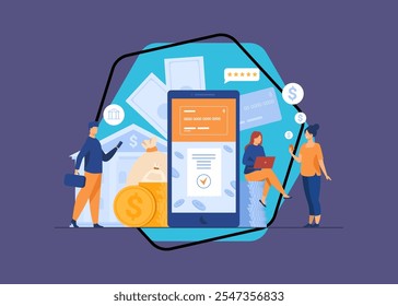 Pessoas com smartphones usando o aplicativo de banco móvel. Homem e mulher com dispositivos digitais fazendo pagamento online. Ilustração vetorial para dinheiro, fintech, conceito de transação