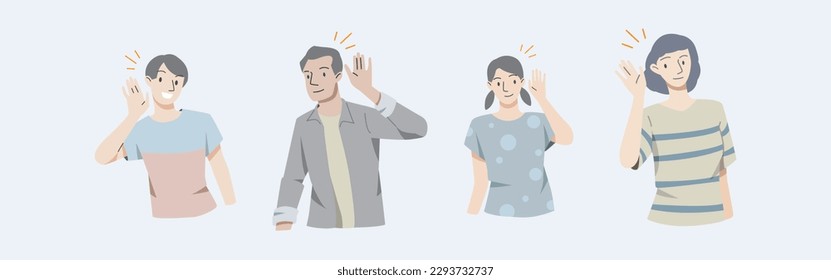 People smiles and holds hand near his ear. The guy listening or hearing and accept all opinion.Comunication concept.Vector illustration.