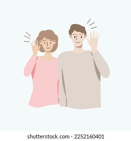 People smiles and holds his hand near his ear. The guy listening or hearing and accept all opinion.Comunication concept.Vector illustration.