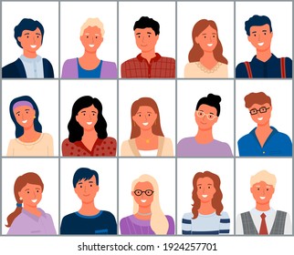 People smiling vector, cheerful person portrait of man and woman different males nd females wearing clothes, adults and senior businessman in suit