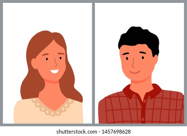 People smiling vector, friendly person with smile on face, lady and man wearing red shirt, brunette male, woman with stylish haircut flat style character